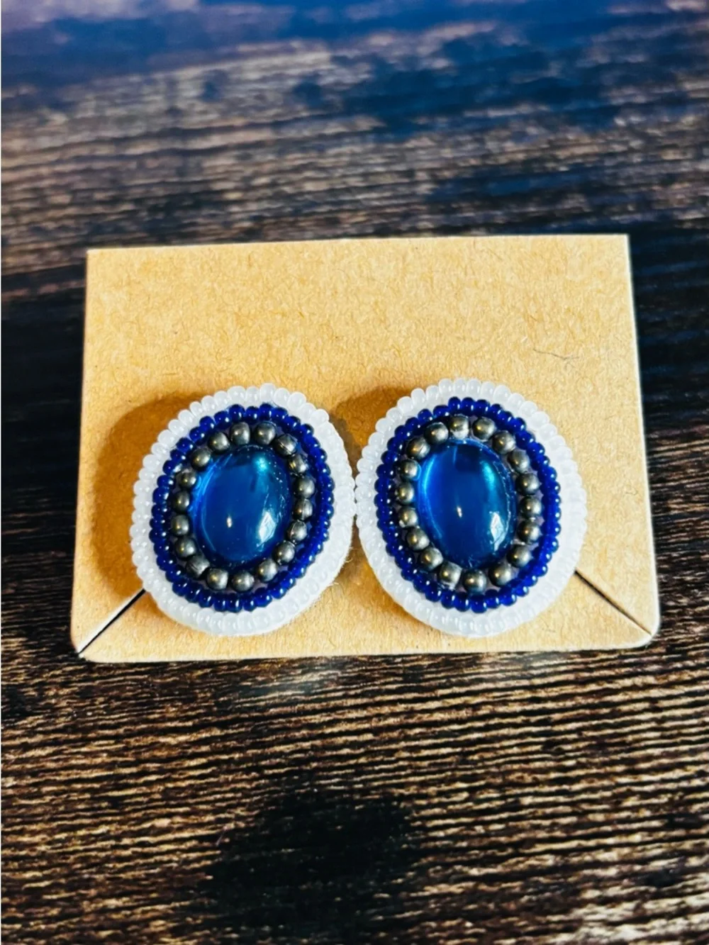 Handmade Blue Beaded Oval Stud Earrings